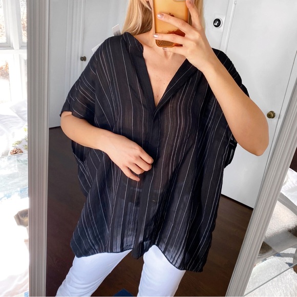 🖤 PLUS VINCE BLACK WHITE STRIPE LOOSE FIT V-NECK SHORT SLEEVE TOP/TUNIC! - Picture 1 of 16